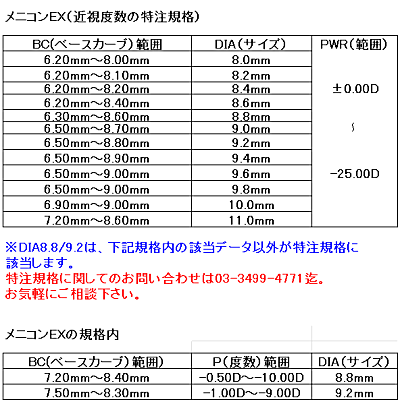 メニコンEX近視度数の特注規格